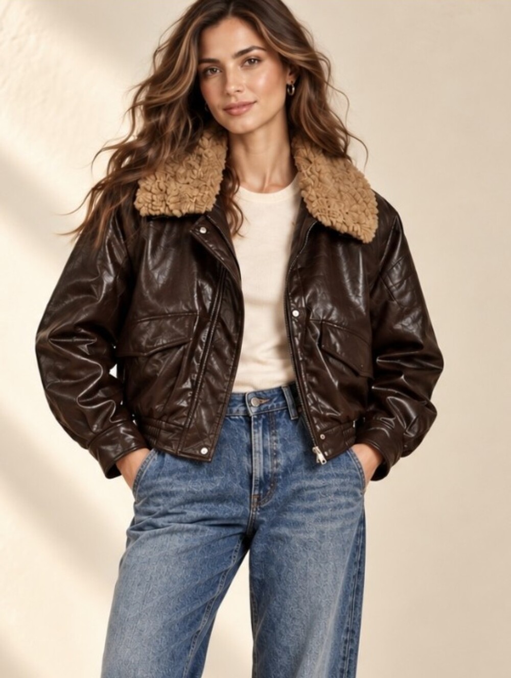 Rebecca Minkoff Faux Leather Bomber Jacket Chocolate Brown Aviator Sz M $178 NWT